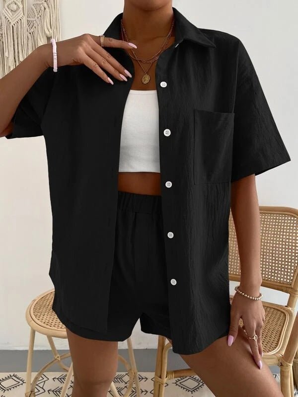 Women's Sets Solid Short Sleeve Shirt & Shorts Two Piece Set - Sets - Instastyled | Online Fashion Free Shipping Clothing, Dresses, Tops, Shoes - 14/07/2022 - 30-40 - bottoms