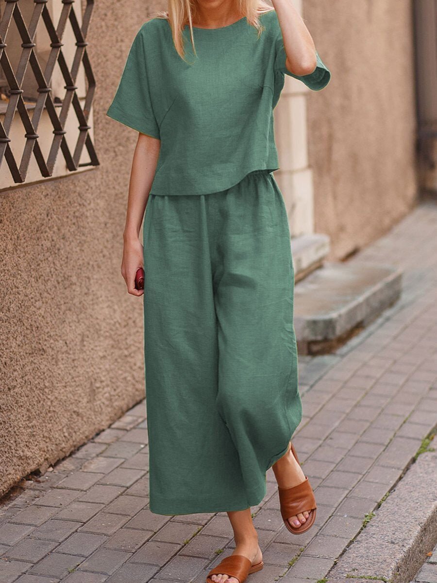 Women's Sets Solid Short Sleeve Top & Wide Leg Pants Two Piece Set - Sets - Instastyled | Online Fashion Free Shipping Clothing, Dresses, Tops, Shoes - 15/03/2022 - 30-40 - Bottoms