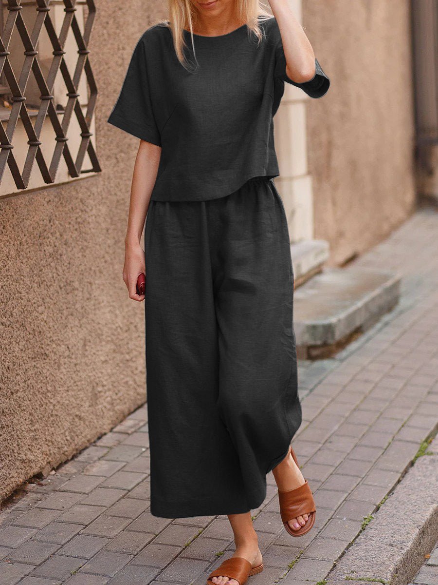 Women's Sets Solid Short Sleeve Top & Wide Leg Pants Two Piece Set - Sets - Instastyled | Online Fashion Free Shipping Clothing, Dresses, Tops, Shoes - 15/03/2022 - 30-40 - Bottoms