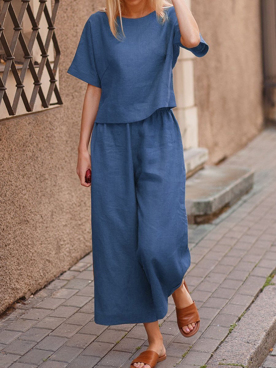 Women's Sets Solid Short Sleeve Top & Wide Leg Pants Two Piece Set - Sets - Instastyled | Online Fashion Free Shipping Clothing, Dresses, Tops, Shoes - 15/03/2022 - 30-40 - Bottoms