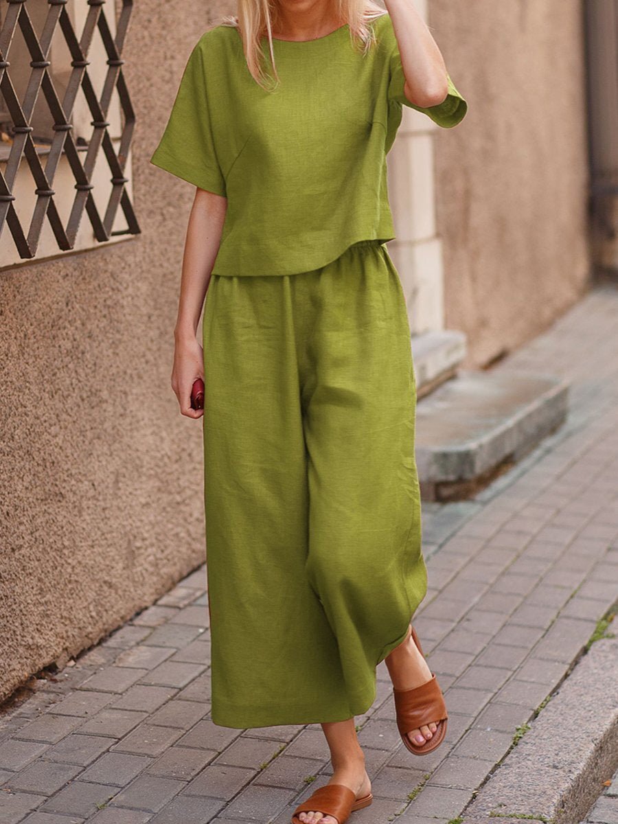 Women's Sets Solid Short Sleeve Top & Wide Leg Pants Two Piece Set - Sets - Instastyled | Online Fashion Free Shipping Clothing, Dresses, Tops, Shoes - 15/03/2022 - 30-40 - Bottoms