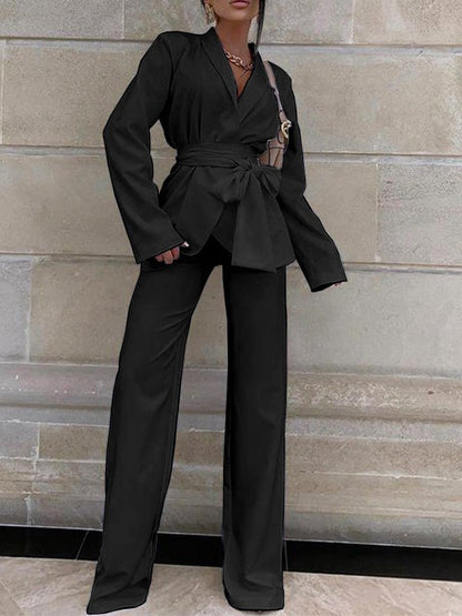 Women's Sets Solid Tie Long Sleeve Blazers & Pants Two-Piece Set - Sets - Instastyled | Online Fashion Free Shipping Clothing, Dresses, Tops, Shoes - 10/08/2022 - Bottoms - Color_Black