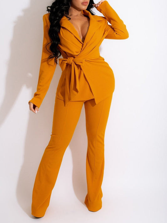 Women's Sets Solid V-Neck Belted Long Sleeve Trousers Two-Piece Suit - Sets - Instastyled | Online Fashion Free Shipping Clothing, Dresses, Tops, Shoes - 13/12/2021 - 40-50 - Bottoms