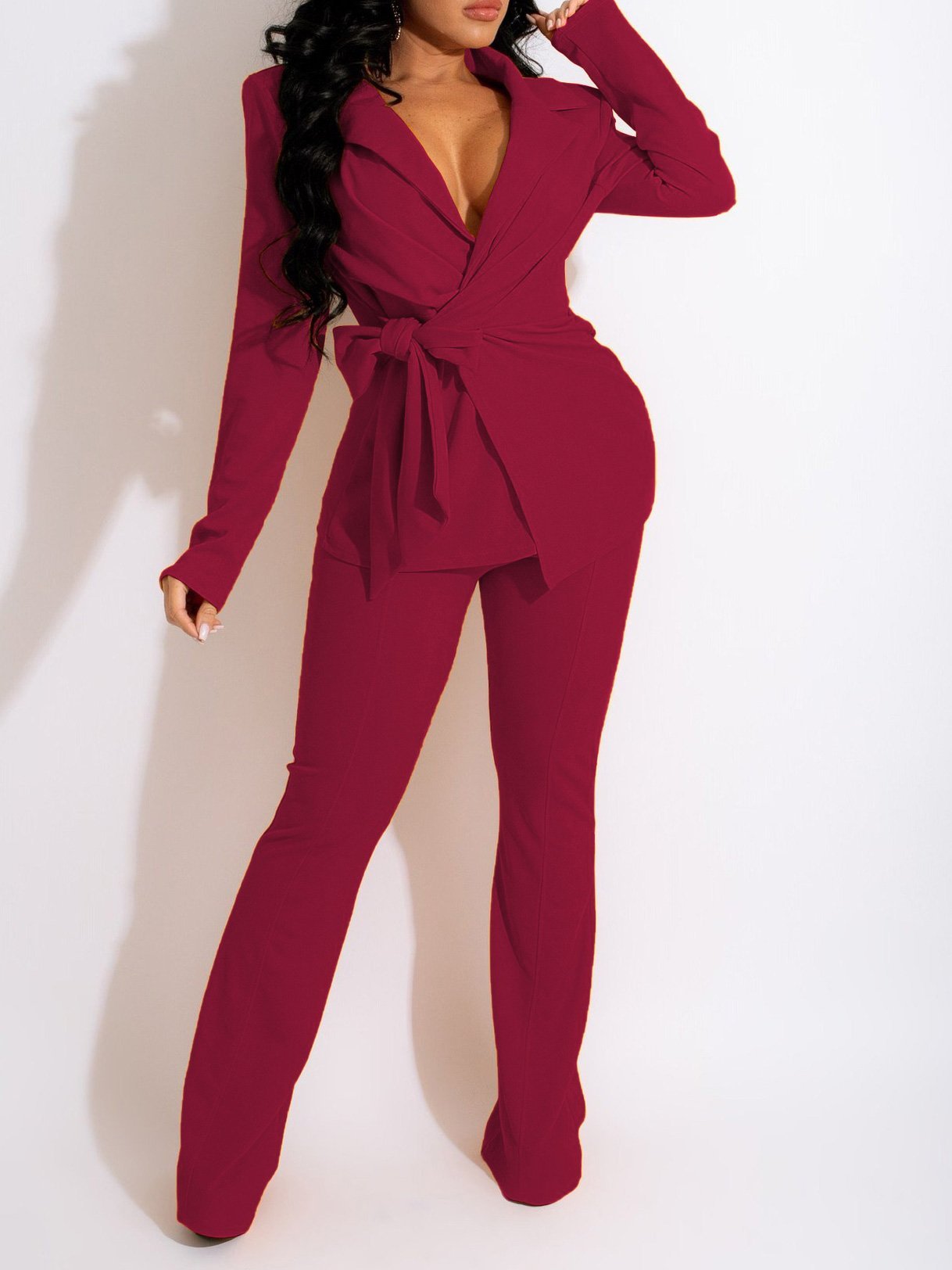 Women's Sets Solid V-Neck Belted Long Sleeve Trousers Two-Piece Suit - Sets - Instastyled | Online Fashion Free Shipping Clothing, Dresses, Tops, Shoes - 13/12/2021 - 40-50 - Bottoms