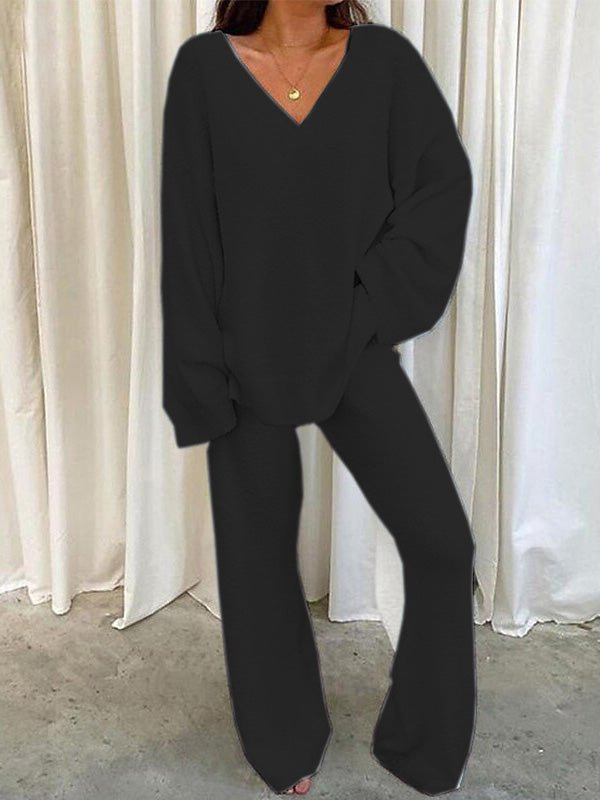 Women's Sets Solid V Neck Casual Long Sleeve Top & Pants Warm Two Piece Set - Sets - Instastyled | Online Fashion Free Shipping Clothing, Dresses, Tops, Shoes - 12/10/2022 - Bottoms - Color_Black