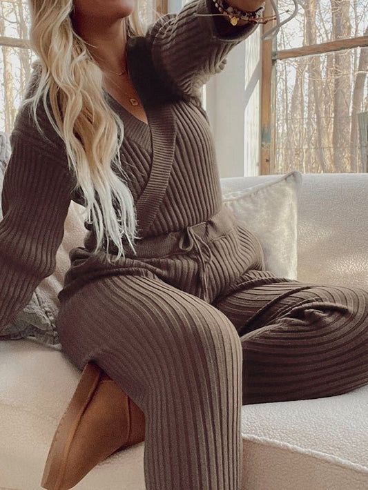 Women's Sets Solid V-Neck Long Sleeve Pants Casual Two-Piece Set - Sets - Instastyled | Online Fashion Free Shipping Clothing, Dresses, Tops, Shoes - 23/02/2022 - 40-50 - Bottoms