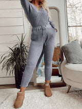 Women's Sets Solid V-Neck Long Sleeve Pants Casual Two-Piece Set - Sets - Instastyled | Online Fashion Free Shipping Clothing, Dresses, Tops, Shoes - 23/02/2022 - 40-50 - Bottoms