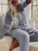 Women's Sets Solid V-Neck Long Sleeve Pants Casual Two-Piece Set - Sets - Instastyled | Online Fashion Free Shipping Clothing, Dresses, Tops, Shoes - 23/02/2022 - 40-50 - Bottoms