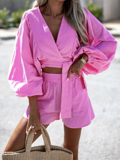 Women's Sets Solid V-Neck Tie Shirt & Shorts Two-Piece Set - Sets - Instastyled | Online Fashion Free Shipping Clothing, Dresses, Tops, Shoes - 28/06/2022 - 40-50 - Bottoms