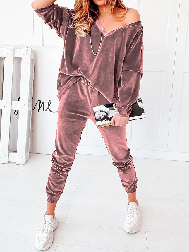 Women's Sets Solid Velvet V-Neck Long Sleeve Casual Two Piece Suit - Sets - Instastyled | Online Fashion Free Shipping Clothing, Dresses, Tops, Shoes - 15/01/2022 - Bottoms - color-apricot