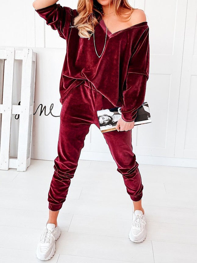 Women's Sets Solid Velvet V-Neck Long Sleeve Casual Two Piece Suit - Sets - Instastyled | Online Fashion Free Shipping Clothing, Dresses, Tops, Shoes - 15/01/2022 - Bottoms - color-apricot