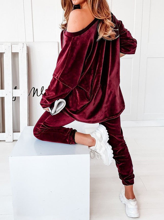 Women's Sets Solid Velvet V-Neck Long Sleeve Casual Two Piece Suit - Sets - Instastyled | Online Fashion Free Shipping Clothing, Dresses, Tops, Shoes - 15/01/2022 - Bottoms - color-apricot
