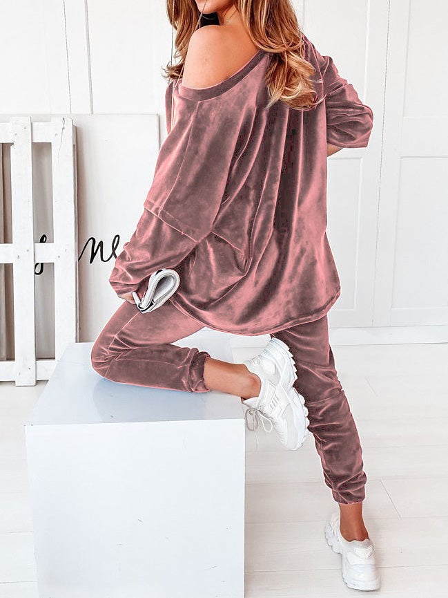 Women's Sets Solid Velvet V-Neck Long Sleeve Casual Two Piece Suit - Sets - Instastyled | Online Fashion Free Shipping Clothing, Dresses, Tops, Shoes - 15/01/2022 - Bottoms - color-apricot