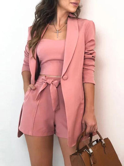 Women's Sets Solid Vest Blazers Shorts Three-Piece Suit - Sets - Instastyled | Online Fashion Free Shipping Clothing, Dresses, Tops, Shoes - 03/12/2021 - Bottoms - color-apricot