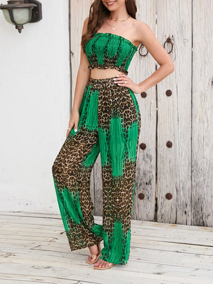 Women's Sets Strapless Halter Top Wide Leg Pants Sexy Printed Set - Sets - Instastyled | Online Fashion Free Shipping Clothing, Dresses, Tops, Shoes - 14/1/2023 - Bottoms - Color_Green