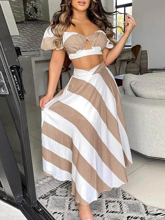 Women's Sets Striped Crop Hollow Top & Skirt Two-Piece Set - Sets - Instastyled | Online Fashion Free Shipping Clothing, Dresses, Tops, Shoes - 27/07/2022 - 30-40 - bottoms