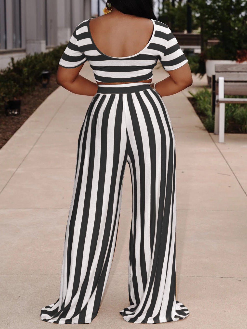 Women's Sets Striped Crop Top & Wide Leg Pants Two-Piece Set - Sets - Instastyled | Online Fashion Free Shipping Clothing, Dresses, Tops, Shoes - 20/07/2022 - Bottoms - Color_Black