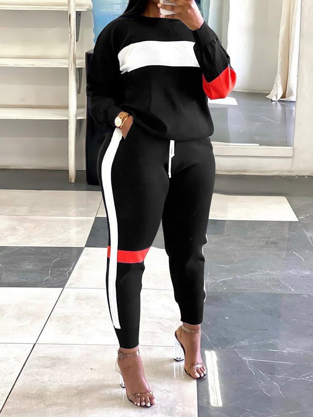 Women's Sets Striped Long Sleeve Pocket Trousers Sports Two-Piece Set - Sets - Instastyled | Online Fashion Free Shipping Clothing, Dresses, Tops, Shoes - 22/01/2022 - 40-50 - Bottoms