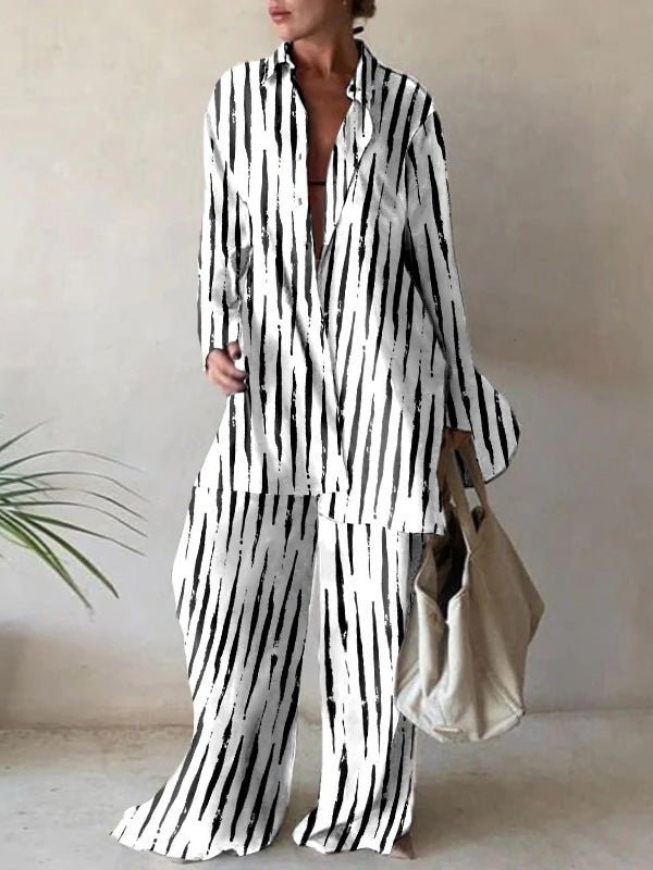 Women's Sets Striped Long Sleeve Shirt & Straight Pants Two-Piece Set - Sets - Instastyled | Online Fashion Free Shipping Clothing, Dresses, Tops, Shoes - 10/05/2022 - Bottoms - Color_Black