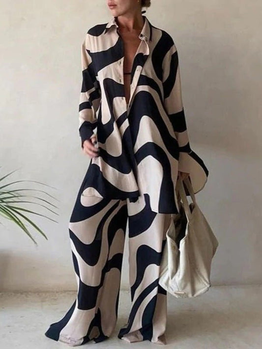 Women's Sets Striped Long Sleeve Shirt & Straight Pants Two-Piece Set - Sets - Instastyled | Online Fashion Free Shipping Clothing, Dresses, Tops, Shoes - 10/05/2022 - Bottoms - Color_Black