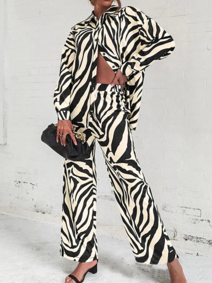 Women's Sets Striped Print Long Sleeve Shirt & Pants Two-Piece Set - Sets - Instastyled | Online Fashion Free Shipping Clothing, Dresses, Tops, Shoes - 17/06/2022 - Bottoms - Color_Black