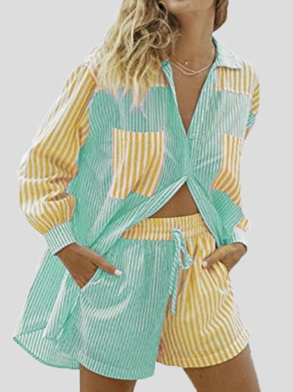 Women's Sets Striped Shirt & Pocket Shorts Two-Piece Set - Sets - Instastyled | Online Fashion Free Shipping Clothing, Dresses, Tops, Shoes - 07/05/2022 - 40-50 - Bottoms