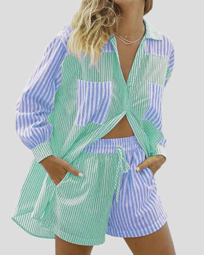 Women's Sets Striped Shirt & Pocket Shorts Two-Piece Set - Sets - Instastyled | Online Fashion Free Shipping Clothing, Dresses, Tops, Shoes - 07/05/2022 - 40-50 - Bottoms