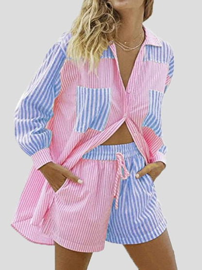 Women's Sets Striped Shirt & Pocket Shorts Two-Piece Set - Sets - Instastyled | Online Fashion Free Shipping Clothing, Dresses, Tops, Shoes - 07/05/2022 - 40-50 - Bottoms