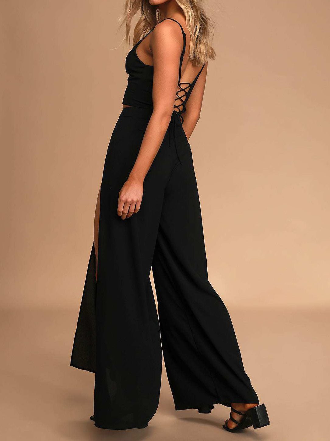 Women's Sets Suspenders Crop Tank Top & Split Wide Leg Pants Two Piece Set - Sets - Instastyled | Online Fashion Free Shipping Clothing, Dresses, Tops, Shoes - 09/07/2022 - Bottoms - color-black