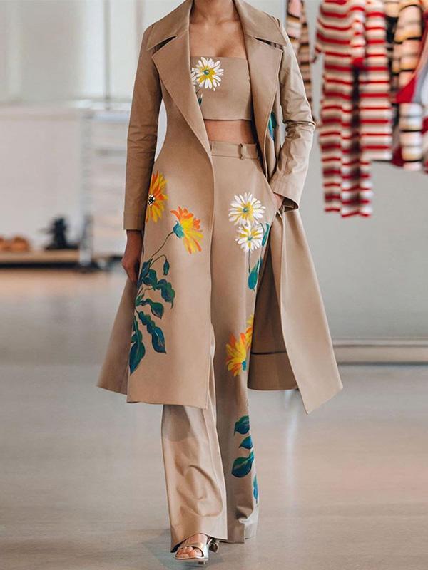 Women's Sets Three-Piece Long Printed Tube Top Trousers Trench Coat - Sets - INS | Online Fashion Free Shipping Clothing, Dresses, Tops, Shoes - 11/08/2021 - Bottom - Category_Sets