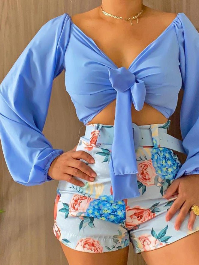 Women's Sets Tie V-Neck Cropped Shirt & Belt Shorts Printed Two-Piece Set - Sets - Instastyled | Online Fashion Free Shipping Clothing, Dresses, Tops, Shoes - 05/05/2022 - 40-50 - Bottoms