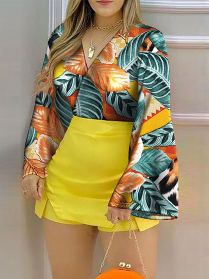 Women's Sets Tropical Print Flared Sleeve Top & Shorts Two-Piece Set - Sets - Instastyled | Online Fashion Free Shipping Clothing, Dresses, Tops, Shoes - 08/03/2022 - 40-50 - Bottoms