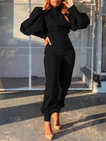 Women's Sets Turtleneck Pullover Puff Sleeve Top & High Waist Pants Two-Piece Set - Sets - INS | Online Fashion Free Shipping Clothing, Dresses, Tops, Shoes - 23/11/2021 - 40-50 - Bottoms