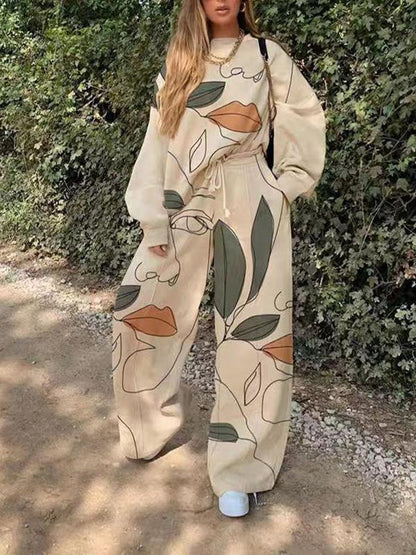 Women's Sets Two-Piece Casual Round Neck Loose Printed Elasticated Trousers - Sets - INS | Online Fashion Free Shipping Clothing, Dresses, Tops, Shoes - 11/08/2021 - Bottom - Category_Sets