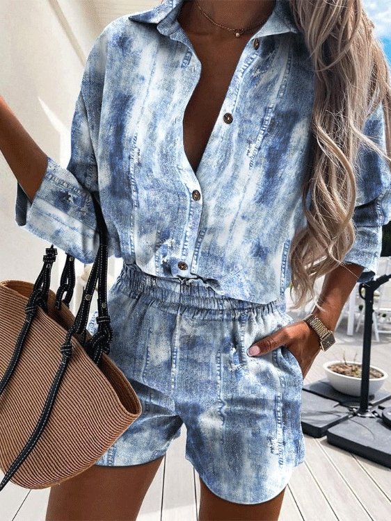 Women's Sets Two-Piece Printed Long Sleeve Shirt & Pocket Shorts - Sets - INS | Online Fashion Free Shipping Clothing, Dresses, Tops, Shoes - 28/09/2021 - 30-40 - Bottom
