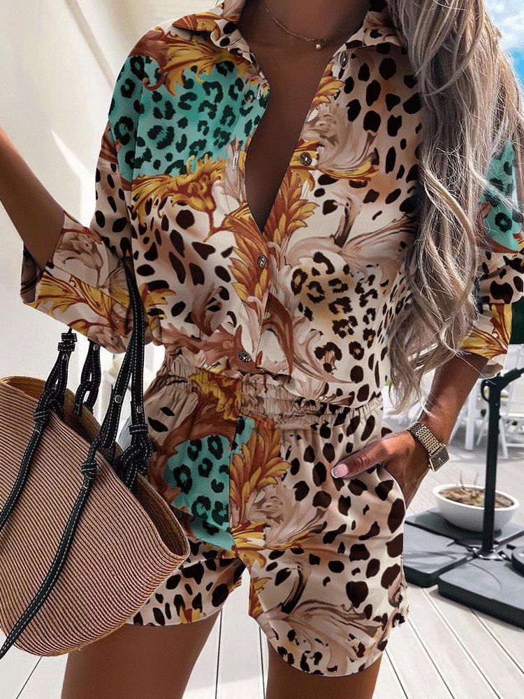 Women's Sets Two-Piece Printed Long Sleeve Shirt & Pocket Shorts - Sets - INS | Online Fashion Free Shipping Clothing, Dresses, Tops, Shoes - 28/09/2021 - 30-40 - Bottom