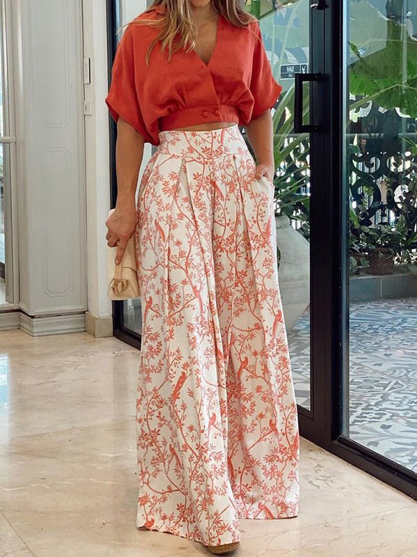 Women's Sets V-Neck Crop Top & Printed Wide-Leg Pants Two-Piece Set - Sets - Instastyled | Online Fashion Free Shipping Clothing, Dresses, Tops, Shoes - 19/05/2022 - 30-40 - Bottoms