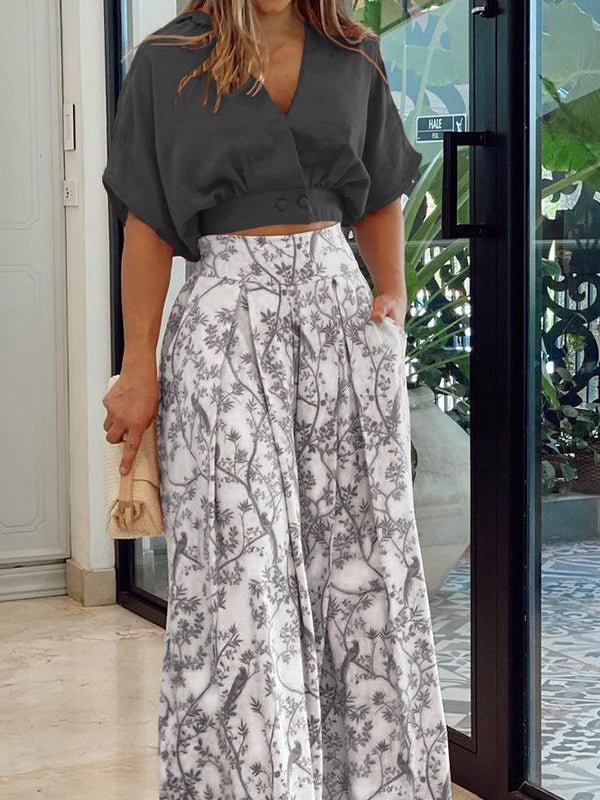 Women's Sets V-Neck Crop Top & Printed Wide-Leg Pants Two-Piece Set - Sets - Instastyled | Online Fashion Free Shipping Clothing, Dresses, Tops, Shoes - 19/05/2022 - 30-40 - Bottoms