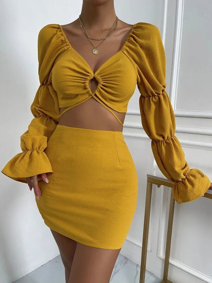 Women's Sets V-Neck Cutout Crop Top & Skirt Two-Piece Set - Sets - Instastyled | Online Fashion Free Shipping Clothing, Dresses, Tops, Shoes - 24/05/2022 - 30-40 - Bottoms