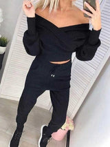 Women's Sets V-Neck Doll Sleeve Sweater & Pants Knit Two-Piece Set - Sets - Instastyled | Online Fashion Free Shipping Clothing, Dresses, Tops, Shoes - 17/01/2022 - Bottoms - color-black