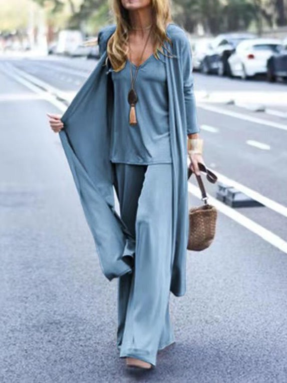 Women's Sets V-Neck Halter Cardigan Straight-Leg Pants Three-Piece Suit - Sets - Instastyled | Online Fashion Free Shipping Clothing, Dresses, Tops, Shoes - 13/07/2022 - bottoms - color-blue