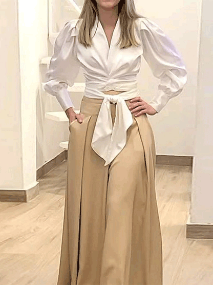 Women's Sets V-Neck Long Sleeve Blouses & Wide Leg Pants Two-Piece Set - Sets - Instastyled | Online Fashion Free Shipping Clothing, Dresses, Tops, Shoes - 13/09/2022 - bottoms - color-white