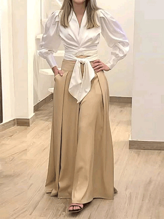 Women's Sets V-Neck Long Sleeve Blouses & Wide Leg Pants Two-Piece Set - Sets - Instastyled | Online Fashion Free Shipping Clothing, Dresses, Tops, Shoes - 13/09/2022 - bottoms - color-white