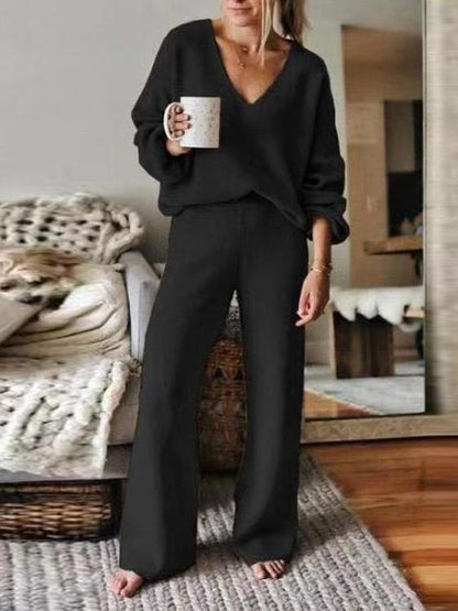 Women's Sets V-Neck Long Sleeve Elastic Pants Casual Two-Piece Suit - Sets - INS | Online Fashion Free Shipping Clothing, Dresses, Tops, Shoes - 15/11/2021 - Bottoms - Color_Black