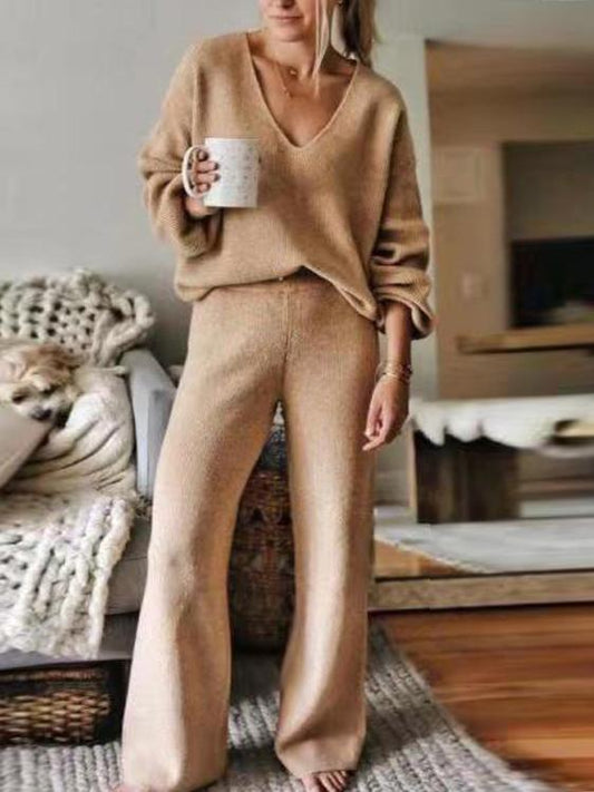 Women's Sets V-Neck Long Sleeve Elastic Pants Casual Two-Piece Suit - Sets - INS | Online Fashion Free Shipping Clothing, Dresses, Tops, Shoes - 15/11/2021 - Bottoms - Color_Black