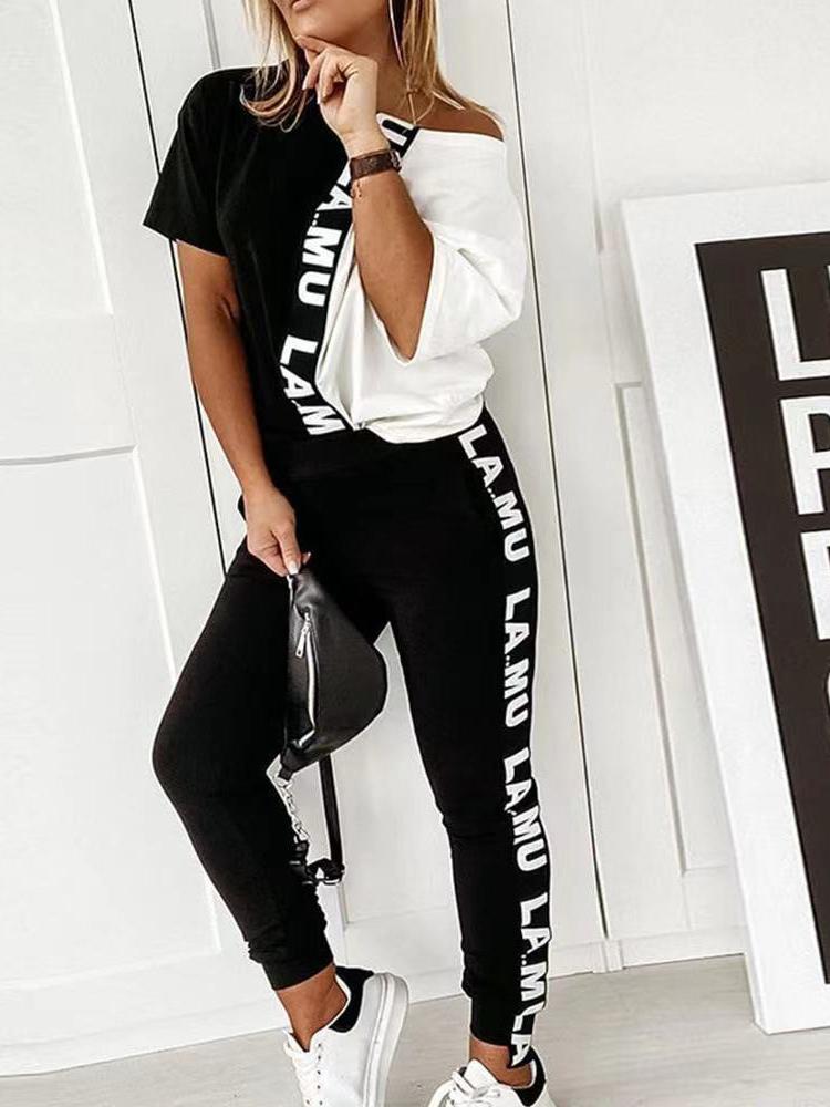 Women's Sets V-Neck Long Sleeve T-Shirt & Letter Trousers Two-Piece Suit - Sets - INS | Online Fashion Free Shipping Clothing, Dresses, Tops, Shoes - 30/09/2021 - Bottom - Color_Black