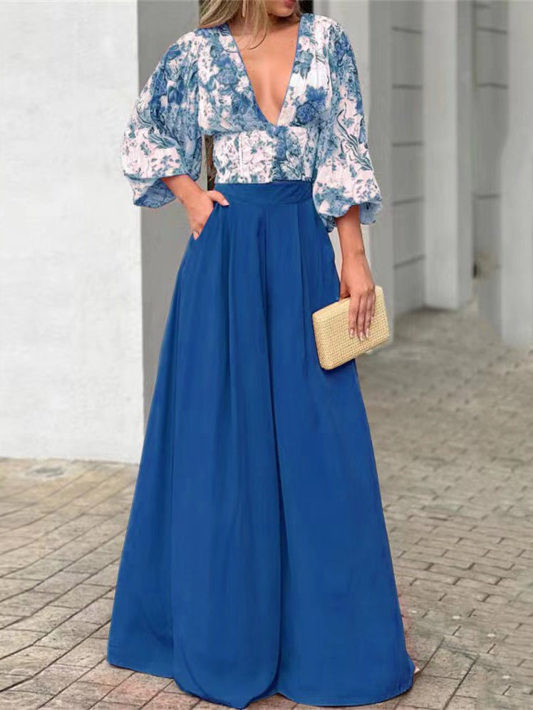 Women's Sets V-Neck Puff Sleeve Print Top & Wide Leg Pants Two-Piece Set - Sets - Instastyled | Online Fashion Free Shipping Clothing, Dresses, Tops, Shoes - 02/09/2022 - bottoms - color-blue