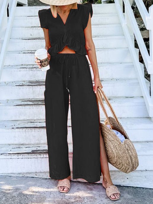 Women's Sets V-Neck Ruffled Top & Wide Leg Pants Two-Piece Set - Sets - Instastyled | Online Fashion Free Shipping Clothing, Dresses, Tops, Shoes - 10/02/2022 - 40-50 - Bottoms