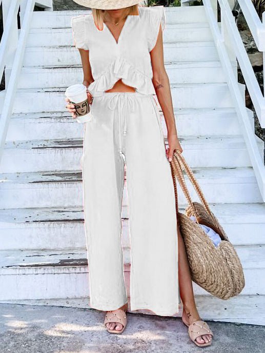 Women's Sets V-Neck Ruffled Top & Wide Leg Pants Two-Piece Set - Sets - Instastyled | Online Fashion Free Shipping Clothing, Dresses, Tops, Shoes - 10/02/2022 - 40-50 - Bottoms