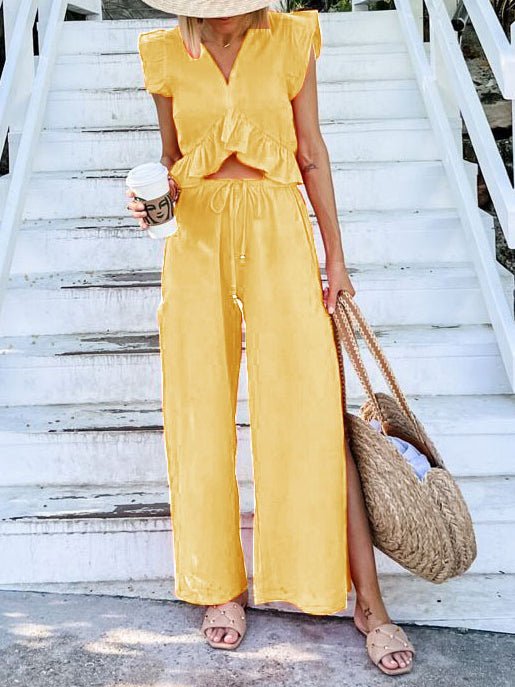 Women's Sets V-Neck Ruffled Top & Wide Leg Pants Two-Piece Set - Sets - Instastyled | Online Fashion Free Shipping Clothing, Dresses, Tops, Shoes - 10/02/2022 - 40-50 - Bottoms